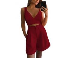 ORANDESIGNE Completo Donna Elegante Tailleur Estivo Tinta Unita Shorts e Top Due Pezzi Tuta Business OL Formale per Ufficio Sexy Moda Set di Pantaloncini Vino Rosso XL