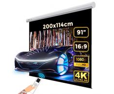 INSTAAL Schermo Proiettore Motorizzato con Bordi | 200x114cm 91 16:9 | Telo Proiezione Bianco con Retro Nero Elettrico 2 Metri - Videoproiezione 2mt 3D 4K | 100% Professionale di Qualità Superiore