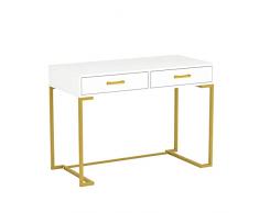 Scrivania per computer, postazione di lavoro con 2 cassetti portaoggetti, semplice e moderno, tavolo consolle per casa, ufficio, rettangolare, bianco/oro
