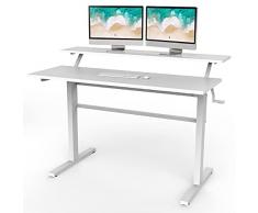 Giantex Scrivania Regolabile in Altezza, Sit-Stand Tavolo a 2 Ripiani, con Manovella, in Legno + Ferro, per Studio/Ufficio/Soggiorno, Portata di 65 kg, 120x60x 88-126 cm (Bianco)