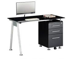 BAKAJI Scrivania con Cassettiera in Legno 3 Cassetti Tavolo da Lavoro Porta Pc Computer in Vetro con Struttura in Acciaio Arredamento Casa Ufficio Cameretta (Nero)
