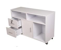 BAKAJI Mobile Multiuso Porta Stampante in Legno con 3 Mensole, 2 Cassetti con Chiave e 1 Armadietto con Scomparti, Mobiletto da Ufficio Archivio Portadocumenti con Ruote Mobili, 100x35x65cm (Bianco)
