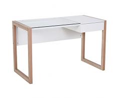 homcom Scrivania di Design in Legno con Cassetto, Scrivania per Camera e Ufficio con Piano in Vetro Temperato, 120x60x75cm