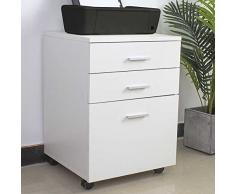 BAKAJI Cassettiera Mobile Scrivania Mobiletto Porta Stampante in Legno MDF con 3 Cassetti e 4 Ruote Girevoli Design Moderno Arredamento Casa Ufficio Dimensione 46,5 x 45 x 64 cm (Bianco)