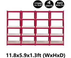 HYLH 4 unità di scaffalature Rosse Rack di stoccaggio a Strati di alloggiamento 5 Tier 180x90x40cm (AxLxP), 175 kg di capacità per ripiano, Metallo Senza bulloni a Livello Regolabile per Garage