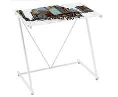 BAKAJI Scrivania Tavolo Lavoro Porta Pc Computer in Vetro Opaco Decorazione Times Square con Struttura in Metallo Arredamento Casa Ufficio Cameretta Design Moderno 80 x 50 x 79 cm