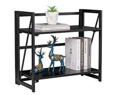 FurnitureR 2 Tier Libreria Pieghevole, Libreria Industriale Freestanding Multifunzionale Scaffale Decorativo di Stoccaggio, Libreria in Metallo Nero per Soggiorno Home Office