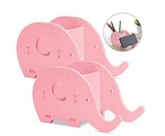 2 pezzi a forma di elefante scrivania matita portapenne, Finegood legno plastica bordo cancelleria multifunzionale organizzatore con telefono cellulare ufficio Supporto per adulti e bambini – rosa