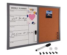 Bakaji Lavagna Magnetica con Bacheca Memo in Sughero Combinata 60 x 40 cm Cornice in Legno con Set Gessetti 2 Magneti e 6 Puntine Design Moderno Lavagnetta Casa Cucina Ufficio (Bianco)