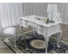 Simone Guarracino Luxury Design Scrivania Diana Chippendale Stile Barocco Moderno scrittoio ministeriale presidenziale cm 120 Bianco Laccato Lucido e Foglia Argento Ecopelle Bianca