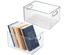 mDesign Set da 2 box in plastica, ideali per cucina, ufficio e bagno – Ampio contenitore trasparente con manici integrati – Portaoggetti da scrivania impilabile in robusta plastica – trasparente