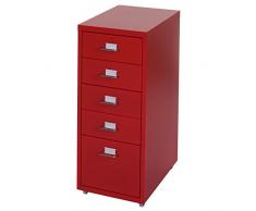 Mendler Cassettiera armadietto Ufficio Boston T851 con Ruote 5 cassetti 69x28x41cm Rosso