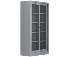 Armadio per archivio in metallo, 1 vano e 2 ante scorrevoli in vetro, Mis. 1500 L x 450 P x 2000 H mm, serratura a cilindro con chiave
