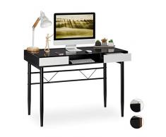 relaxdays Scrivania con Superficie, Passacavi, con Tiretti, Ripiano in Vetro, HLP 78x110x55cm, Nero, 78 x 110 x 55 cm