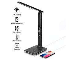 WILIT U13 Lampada da Scrivania LED 9W, 5 Livelli Dimmerabili 3 Modalità Controllo Tattile, Lampade per Ufficio Sveglia, Lampada da Tavolo con Porta di Ricarica USB per iPhone, iPad, Samsung, Nero