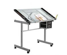 sogesfurniture - Scrivania per computer con piano in vetro temperato, inclinabile regolabile, tavolo da disegno artistico, design architettonico con 2 cassetti, trasparente, BHEU-UT-DT1033-WT