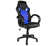 BAKAJI Sedia Sportiva Poltrona Direzionale da Ufficio 4 Ruote Girevole 360° Modello Racer Gaming Design Extra Lusso in Ecopelle Nero e Tessuto Blu
