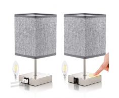 Lampada da Tavolo LED, 2 Pezzi Lampada da Scrivania Toccabile Dimmerabile, 3 livelli di luminosità, con 2 Porte USB Ricarica & 2 E14 Lampadine Dimmerabili, per Soggiorno, Camera da letto(grigio)