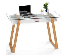 BonVIVO® MASSIMO Scrivania di design, una scrivania da ufficio moderna che combina vetro, legno naturale e una mensola laccata color bianco in un design contemporaneo.