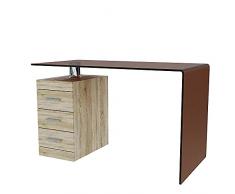 Bricozone Scrivania Scrittoio da Ufficio Salotto in Vetro Curvato Con Cassettiera, Tavolo Luxury Wallstreet, Design curvo e moderno, 125 x 65 x 75 cm, Vetro Oro e Rovere