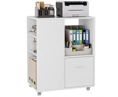 hefoths Mobile Porta Stampante, Armadi di Supporto per Lufficio Con 4 Ruote, Armadietto Portadocumenti con 1 Cassetto e 4 Vani Portaoggetti, Legno, Bianco, 60x40x75cm