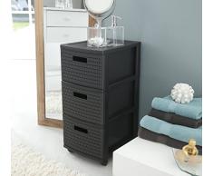 Sundis Cassettiera contenitore con ruote "Country" effetto rattan - contenitore (38x30x65.5 cm) con cassetti in plastica (PP) - carrello con 3 cassetti - Cassettiera a torre in nero - Sundis 4481080080