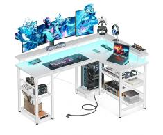 ODK Scrivania LED Reversibile in Bianco, Tavolo da Gioco con 2 Prese e 2 Porte USB, Scrivania dAngolo con Ampio Ripiano per Monitor e Abbondante Spazio di Archiviazione, 150×102cm