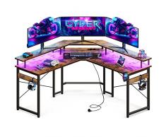 ODK Tavolo da gioco 129x129 cm, Scrivania da gioco con LED, Tavolo da gaming per PC con 2 prese e 2 porte USB, Scrivania per computer con ampia mensola per il monitor, Vintage