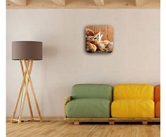 Cestino con delizioso pane fresco, quadrato orologio da parete diametro 28 centimetri con le mani bianche e il viso, oggetti di decorazione, Designuhr, composito di alluminio molto bello per soggiorno, studio