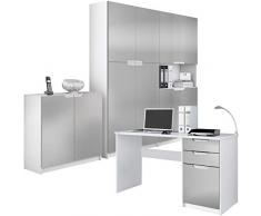 Vladon Set di mobili per ufficio Armadio Scrivania Logan, Struttura in bianco opaco/Frontali in grigio chiaro satinato