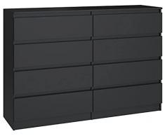 3xEliving Elegante, spaziosa cassettiera Demi 8 cassetti 140cm, perfetta per il soggiorno, lufficio, la camera da letto, colore nero, Dimensions: 140 x 39 x 101 cm