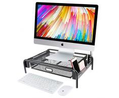 Supporto per Monitor, Supporto per Stampante in Maglia del Metallo con Cassetto Estraibile per Archiviazione e Scomparti Laterali per Computer, Laptop, iMac, Scrivania, Penne, Telefoni, Calcolatrici