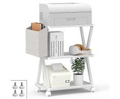 VEDECASA Supporto per stampante mobile a 3 ripiani, in legno, telaio in metallo, con custodia, per la casa, lufficio, moderno, sotto la scrivania, con rullo (bianco)