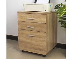 BAKAJI Cassettiera Mobile Scrivania Mobiletto Porta Stampante in Legno MDF con 3 Cassetti e 4 Ruote Girevoli Design Moderno Arredamento Casa Ufficio Dimensione 46,5 x 45 x 64 cm (Quercia)