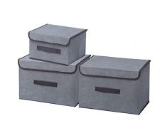 Timertick Scatole Portaoggetti con Coperchio, Set di 3 Scatole Contenitori Pieghevoli in Tessuto per Armadi, Casa, Ufficio (Grigio)