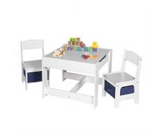 EUGAD Set di Tavolo e Sedie di Prima Infanzia Quadrato con Lavagna da Giocare 3 in 1 Mobili Scrivania Versatile per Cameretta Sala Regalo Creativo per Bimbi 2-6 Enni Colore Bianco e Grigio