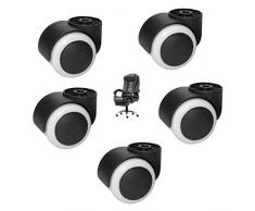 Rotelle Girevole per Sedia da Ufficio 50MM Ruote per Mobili in Nylon di Ricambio,Rotelle per Scrivania Computer,Set di 5,Proteggere Pavimenti in Legno,Doppia Ruota 125kg (senza stelo)