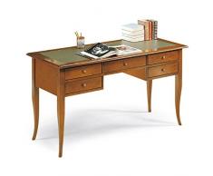 Scrivania Con Piano In Ecopelle, Stile Classico, In Legno Massello E Mdf Con Rifinitura In Noce Lucido - Mis. 130 X 65 X 81