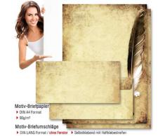 Paper-Media - Set composto da carta da lettere e buste abbinate in formato DIN lungo, senza finestra, motivo: piuma su sfondo a effetto anticato, 40 pezzi in totale