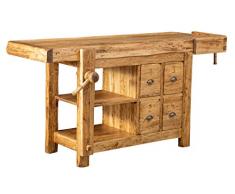 Biscottini Banco Tavolo da lavoro Country in legno massello di tiglio finitura naturale anticata L 184 x PR 74 x H 92 cm Made in Italy, fedele riproduzione di un antico ed originale Banco da Falegname