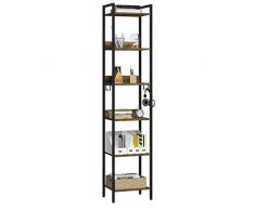 EUGAD Scaffale a 6 Livelli, Libreria Industriale, Scaffalatura in Metallo e Legno, Scaffale da Soggiorno e Cucina, Scaffale Salvaspazio, con 4 Ganci, Nero + Legno Vintage, 40x30x187cm