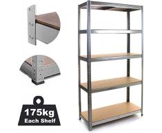 Scaffalatura per Rack di stoccaggio a 5 Livelli 180x90x40cm (AxLxP), Metallo Boltless a Livello Regolabile zincato per Garage Home Office capacità 175kg per scaffale (Argento)