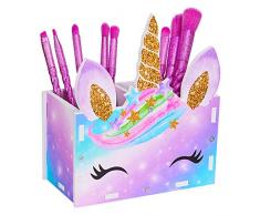 Basumee Bambini Portapenne per scrivania, multifunzionale organizer da Scrivania, Organizzatore di trucco per ufficio, scuola, casa,2 Scomparti,Unicorno viola