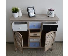 Rebecca Srl Tavolo Credenza Armadietto 6 Cassetti 2 Ante Legno Chiaro Bianco Blu Country Vintage Cucina Soggiorno ( Cod. 0-TM7027)
