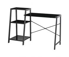 homcom Scrivania per Camera e Ufficio con Scaffale 3 Ripiani, Scrivania Moderna in Vetro e Metallo, 126x45x86.7cm, Nero