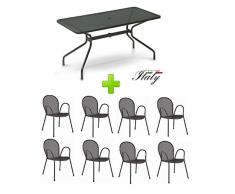EMU Tavolo per Esterno Cambi 180 x 80 CM Art. 810 + 8 POLTRONE Ronda - Prodotti in Ferro ZINCATO E Verniciato A POLVERI - Colore Ferro Antico Fantasia 22 Prodotto Made in Italy