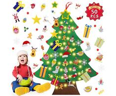Feltro Albero Natale,Albero Natale Feltro Ornamenti Staccabili,Albero di Natale in Feltro per Bambini,Albero di Natale in Feltro a LED,Decorazioni Natalizie per Parete,Finestra,Porta,Casa (50 pezzi)