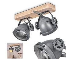 Plafoniera Herford, lampada da soffitto regolabile in metallo/legno/vetro in grigio/marrone/naturale, 2 lampadine GU10, max. 50 Watt, faretto girevole e orientabile, design retrò, adatto a LED