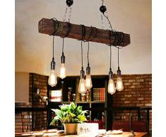 Retro Lampade Sospensione Stile Industriale Depoca Appesa Legno Metallo Lampadario E27 * 6 Altezza Regolabile Cucina Pranzo Salone Loft Rustico Soffitto Luce Goccia