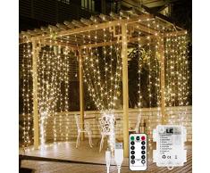 LE Tenda Luci LED, Tenda Luminosa USB Ricaricabile o Alimentata da Batteria per Illuminazioni Interni e Esterni, Luci Stringa Luminosa 3m x 3m 300 LED Bianco Caldo, Timer, 8 Modalità, Telecomando